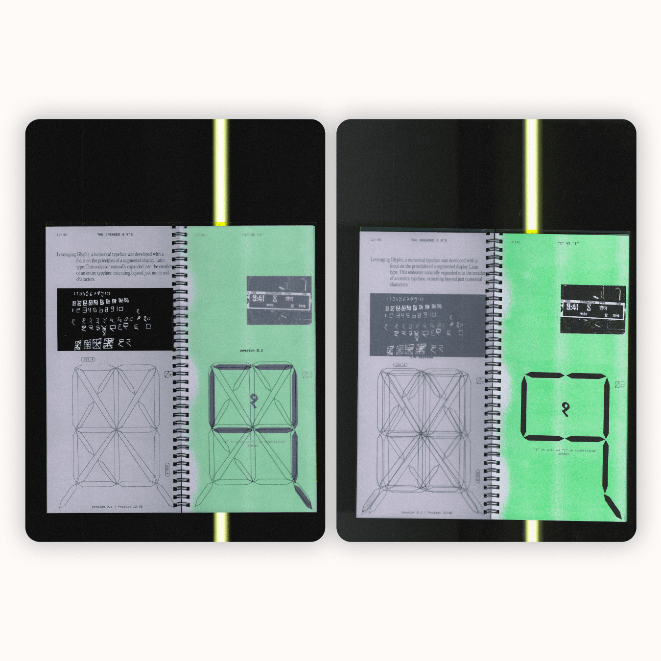 Specimen book spread — glyph grid construction