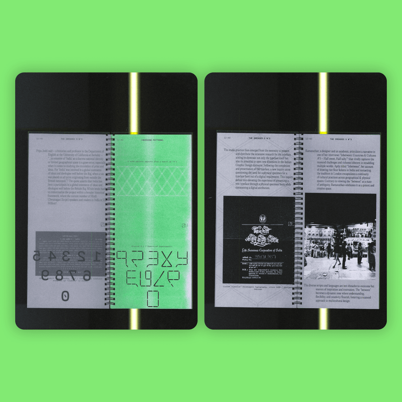Specimen book spread — numerals and text specimens